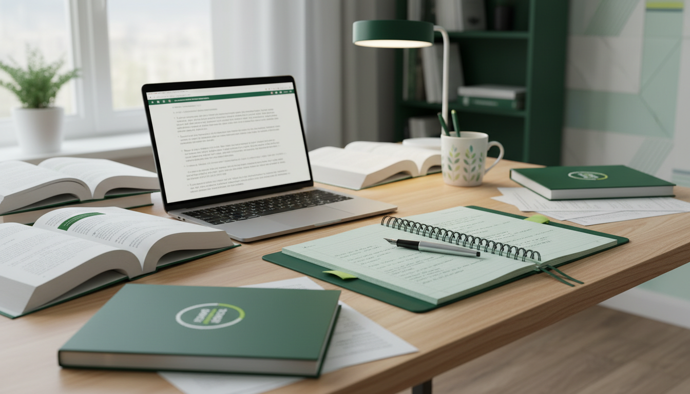 Étudiant travaillant sur un ordinateur portable, entouré de livres et de notes, symbolisant la recherche académique.