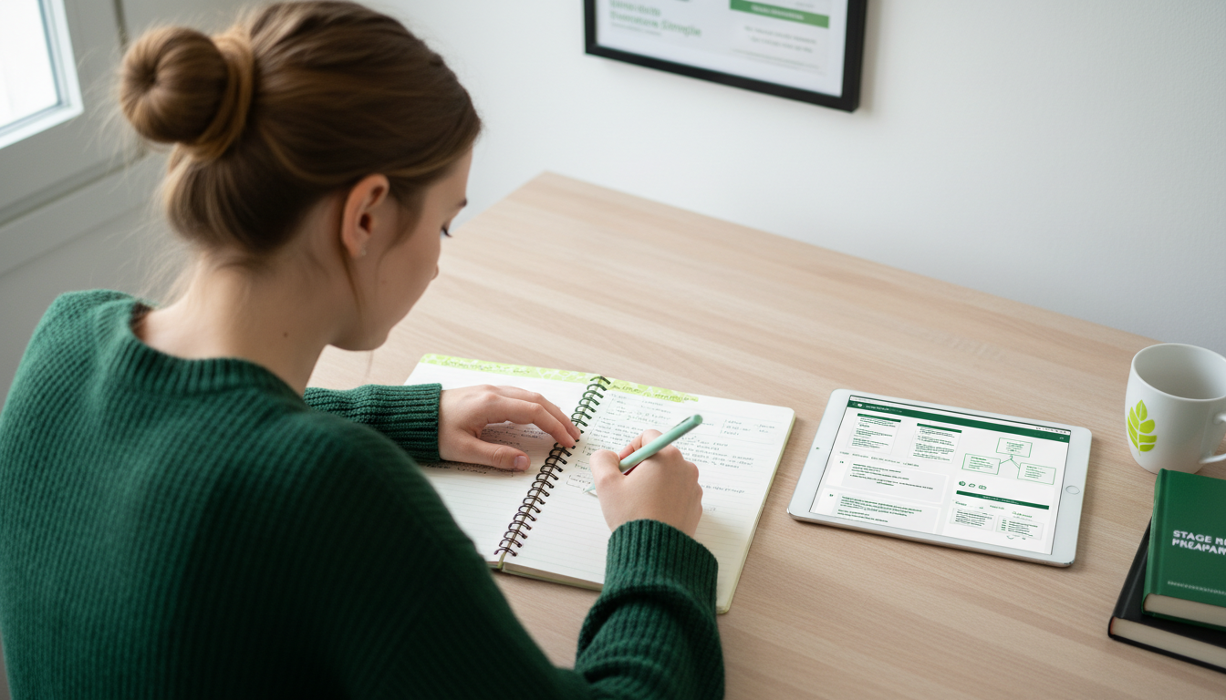 Étudiant travaillant sur son rapport de stage avec un journal de bord.