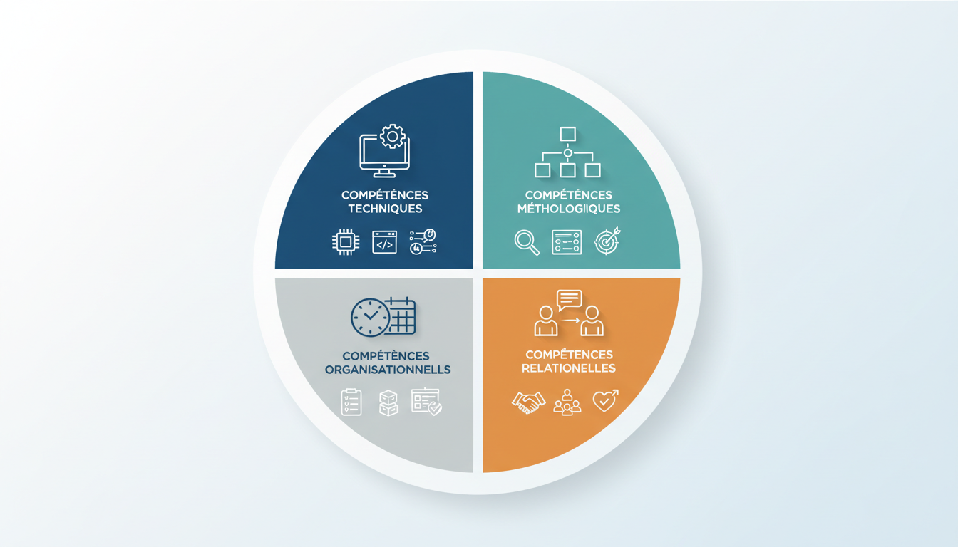 Infographie représentant les quatre catégories de compétences avec des icônes.