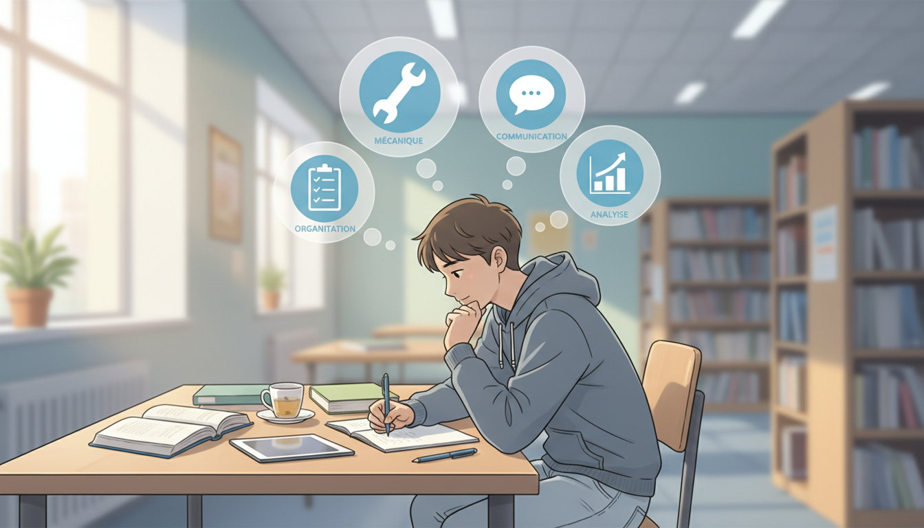 Illustration d'un étudiant réfléchissant à ses compétences acquises lors d'un stage.